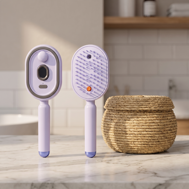 Thea Electric Scalp Massage Brush with Oil Dispenser Red Light and Self Cleaning Bristles Rechargeable Detangling Scalp Comb