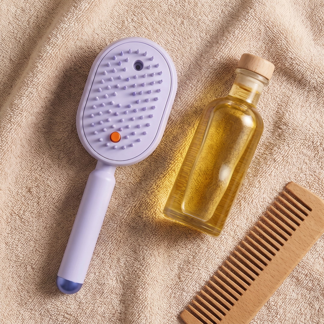 Thea Electric Scalp Massage Brush with Oil Dispenser Red Light and Self Cleaning Bristles Rechargeable Detangling Scalp Comb