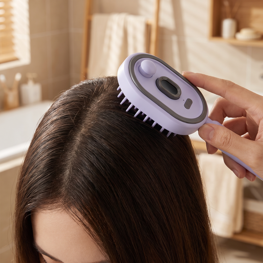 Thea Electric Scalp Massage Brush with Oil Dispenser Red Light and Self Cleaning Bristles Rechargeable Detangling Scalp Comb